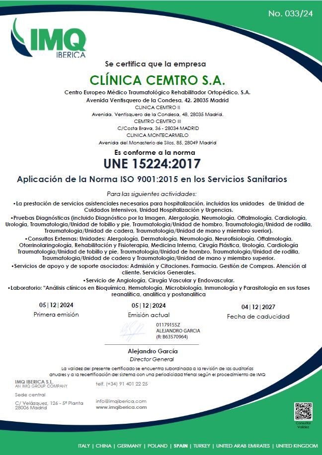 iso calidad sanitaria clinica cemtro